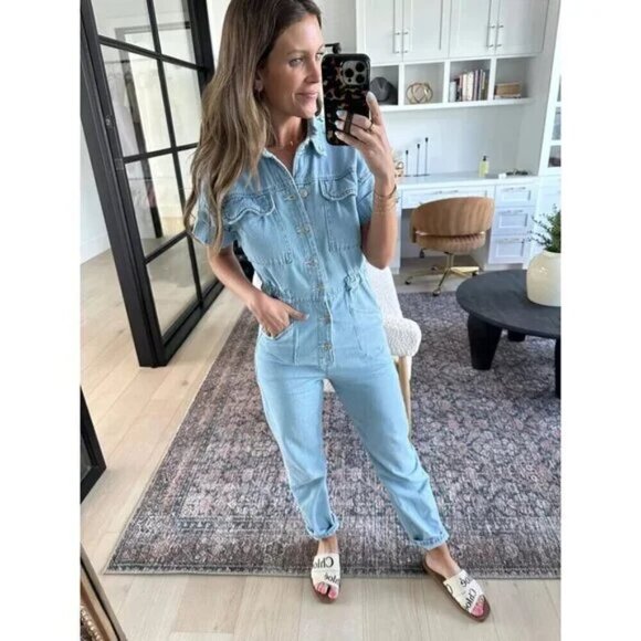 FREE PEOPLE Marci Denim Jumpsuit in Wash Clear Skies Size X-Small - Picture 11 of 16